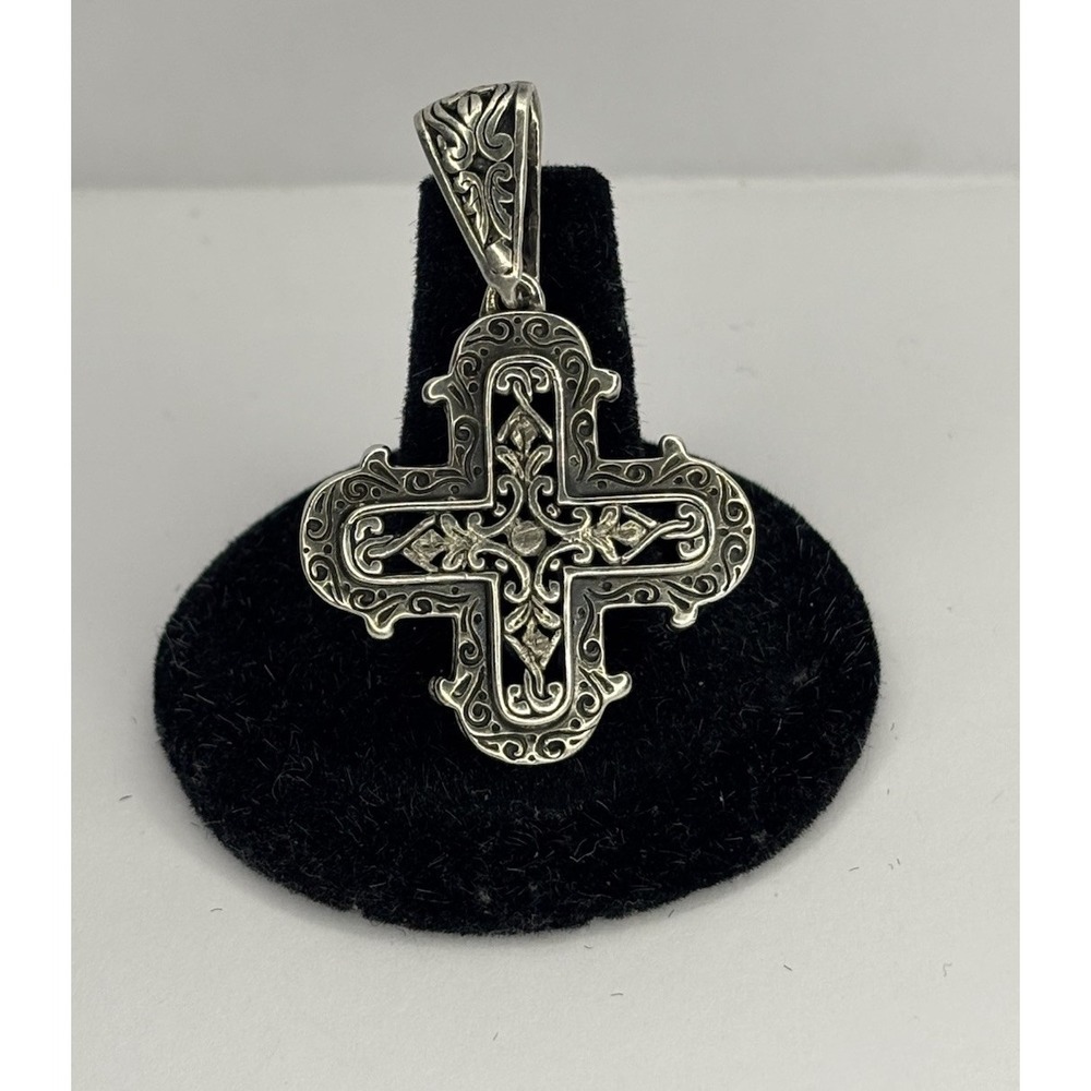 Ornate Filigree Sterling Silver Cross Pendant Large 925 Bail Gothic Scroll 30mm